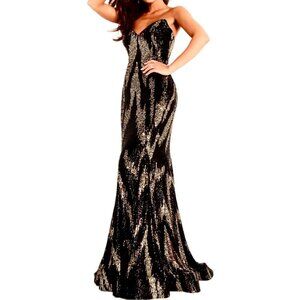JOVANI Strapless Mermaid Black Gold Sequin Evening Gown Maxi Dress Size S (2-4)